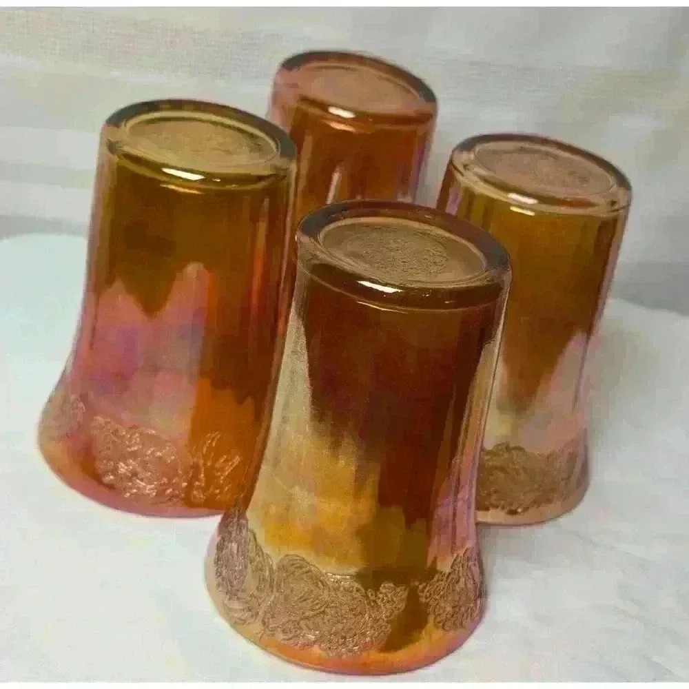 Set Of 4 Iridescent Carnival Drinking Glasses Fruit Motif 4" x3-1/4" Amber Color - Picture 11 of 14